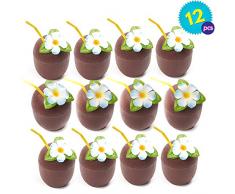 Kokosnuss Plastik Trinkbecher Neuheit- 12er Set - Perfekt für Hawaiianische/Strand Themenparties - Lieferung mit Stroh & Blume - Ideal für Erwachsene & Kinder