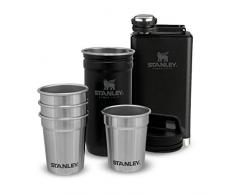 Stanley Adventure Series Stapelbares Schnapsbecher- und Flachmann-Geschenkset, Mattschwarz, 18/8 Edelstahl, Transportbehälter für 4 Pinnchen (59 ml), Schnapsgläser-Set