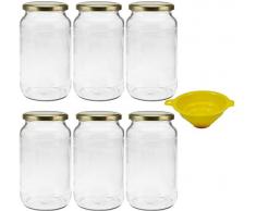 mikken 6 x Einmachglas 1 Liter mit Schraubverschluss Gold, inkl. Trichter