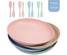Parboom Teller, Weizenstroh Abbaubar Geschirr, 25cm 4 Farben Teller, Gabel und Löffel-Set 4 Stück, Mikrowellen und Spülmaschinenfest, BPA Free, Umweltschutz und Hygienisch für Kinder