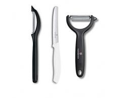 Victorinox 3-TLG. Universalschäler Set Schwarz/Weiß für Obst Gemüse, Extra scharf, Zackenschliff, Zweischneidig, Ergonomischer Griff