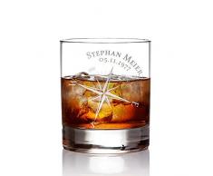 AMAVEL Whiskyglas mit Gravur Kompass, Personalisiert mit Namen und Datum, Tumbler Whiskeyglas, Füllmenge: 320 ml
