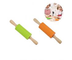 2 Stück Silikon-Nudelholz, Teigrolle, Antihaft-Oberfläche Holzgriff für Kinder 22cm, Ergonomische Griffe, Hitzebeständig Bis 200°C, Grün/Orange, Geeignet für Kinder und Erwachsene