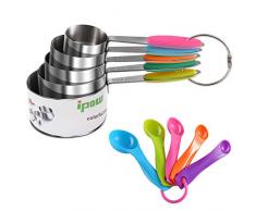 IPOW Messbecher und Messlöffel Set, 5er Edelstahl Amerikanische Cups mit Verdickter Griff, 5er Löffel aus Kunststoff ohne scharfe Kante, Multifunktions für Küchen Kochen Backen