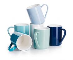 Sweese 603.003 6er Set Kaffeebecher aus Porzellan, 350 ml, Tasse mit großem Henkel für Heißgetränke, Blaue Serie