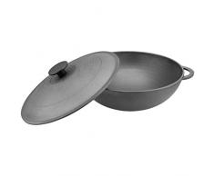 4L Wok Bratpfanne aus Gusseisen + Gusseisendeckel | 28cm Durchmesser, abgeflachter Boden | Deckel Asia Schmortopf Induktion Pfanne Schmorpfanne Kasan Kazan Induktionsgeeigent Wokpfanne Induktionsherd