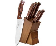Emojoy Messerblock, 6-TLG Messerset mit Block, Küchenmesser Set, Profi Kochmesser mit Holzgriff, Edelstahl Messer, braun