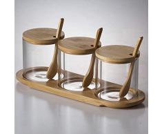 lxjsmnjs Küchenbedarf Gewürztank Gewürzbox Glas 3-Teiliges Set Familienkombination Bambusschale Öl Salz Gewürzflasche