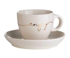 Home4You Tasse Espressotasse | 2-teilig | Bone China | Weiß | Schriftzug Enjoy | mit Unterteller
