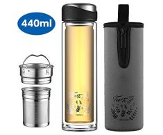 ecooe Teeflasche doppelwandig 440ml to go Tee Bottle Trinkflasche mit Entnehmbarem 18/8 Edelstahl Tee Sieb und Flasche-Schutztasche Tee Glasflasche für Tee Kaffee Saft&Milchshake