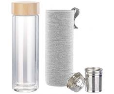 Cucina di Modena Teeflasche: Doppelwandige Glas-Trinkflasche mit Neopren-Hülle & Tee-Sieb, 400 ml (Isolierflasche)