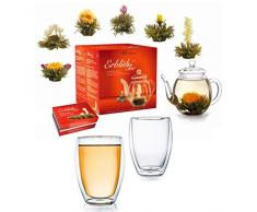 Creano Teeblumen Mix - Geschenkset Erblühtee mit Glaskanne & 2x 250ml Thermogläser - Weißer Tee (in 6 Sorten)