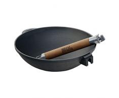 4BIG.fun Wok Bratpfanne 24cm 2L aus Gusseisen mit abnehmbarer Griff Outdoor Stielpfanne Camping Kochgeschirr