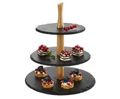 APS Etagere 3-stufig – hochwertige Etagere aus Akazienholz und 3 runden Platten aus echtem Naturschiefer – mit Anti-Rutsch-Füßchen für den festen Stand