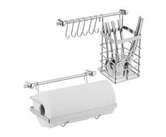 Relaxdays Küchenutensilienhalter Set, Edelstahl-Optik, Küchenrollenhalter, Abtropfgestell, Hängeleisten, 6 Haken, silber