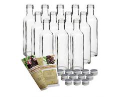 gouveo 12 leere Glasflaschen 250 ml Maraska incl. Schraubverschluss und Rezeptbroschüre, Eckig, Likörflasche Schnapsflasche, Essigflasche, Ölflasche