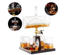LHY Weißwein-Dekanter, 1000ML Scotch Whisky Dekanter Geschenke für Männer mit Gravur Segelschiff im Inneren Weltkarte Edelstahl-Wasserhahn Spender 4 Geätzte Gläser Set