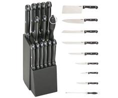 Michelino 15-teiliges Messerblock-Set Fontana Kochmesser+Hackbeil+Brotmesser+Tranchiermesser+Filetiermesser+Universalmesser+Officemesser+6 Steakmesser+Wetzstahl+Messerblock schwarz