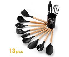 INTEY Silikon Küchenhelfer Set (13 Stücke), Kochzubehör Set mit Aufbewahrungsbehälter und Haken, Hitzebeständige Küchenutensilien mit Holzgriff, Schwarz