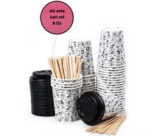 40 Pappbecher 240ml 8 Oz mit Deckel und Holz Rührstäbchen - Kaffeebecher To Go Zum Servieren von Kaffee, Tee, heißen und kalten Getränken
