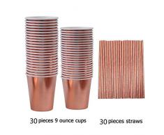NOGJKS Roségold Pappbecher Roségold Partygeschirr Kindergeburtstag Set , Partybecher Tasse Einwegbecher Dessertteller,Geburtstag Geschirr Babyparty 60 pcs