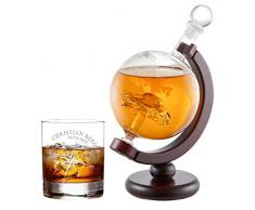 AMAVEL Whiskykaraffe Globus mit innenliegendem Auto und Whiskyglas mit Kompass Gravur, Personalisiert mit Name und Datum