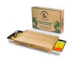 TLion Premium Bambus Schneidebrett mit 2 großen Edelstahl Auffang-Schalen für Geschnittenes und Abfälle - Küchenbrett mit Saftrille & Anti-Rutsch-Füßen – Chopping-Board inkl. GRATIS PDF Rezeptbuch