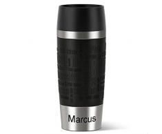 Emsa Isolierbecher MIT Gravur (z.B. Namen) 360ml TRAVEL Mug Schwarz mit persönlicher Rundgravur, Travelmug Kaffee & Tee Thermo to-go-Becher mit Quick Press Verschluss 100% auslaufsicher