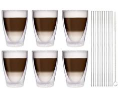 Filosa 6X 370ml XL doppelwandige Latte Macchiato-Gläser + 6X Glas-Trinkhalme + 1x Bürste - edle Thermogläser mit Stohhalme und Bürste von Feelino