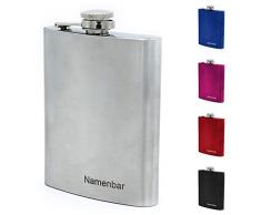 Flachmann mit Namens Gravur, Edelstahl, individuelle Geschenkidee zur Hochzeit, zum Geburtstag oder mehr! (Silber)