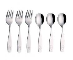 Exzact 6 teiliges Kinderbesteckset aus rostfreiem Stahl- 3 x Gabeln, 3 x Esslöffel (Hund & Hase x 6)