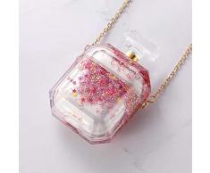 Surakey kompatibel mit Airpods 1 & 2 Hülle Glitzer,Airpods Schutzhülle mit Lanyard,Transparente Parfüm Flasche Flüssig Treibsand Glitter Hart PC Hülle Tasche Anti-Kratz Stoßfeste Case Cover,Rosa