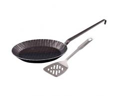 GRÄWE Schmiedeeiserne Bratpfanne aus Eisen, Ø 28 cm, Pfanne mit Hakenstiel, ohne Beschichtung, geriffelt, inkl. Pfannenwender