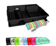 WELLGRO Abtropfgestell, Reinigungsbürste und 10 Schwämme - ca. 44 x 35 x 9 cm (LxBxH) - Abtropfgitter - Abtropfschale - Geschirrständer - Geschirrkorb - Abtropfkorb, Farbe:Schwarz