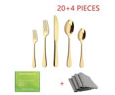 SidiOutil 20 Pack Besteck Set + 4 Pack Tischset, Party Besteckset für 4 Personen, Umweltfreundliches, Wiederverwendbares Edelstahlbesteckset Metallbesteck Messer Gabel Löffel Set (Gold)