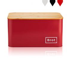 LuxCity Brotkasten - moderner Brotkasten Brotbox mit Bambus Deckel als Schneidebrett, Brotbehälter mit Luftzirkulation, GRATIS Behälter für Kaffee/Tee dazu! Rot, 33,5x19x17 cm