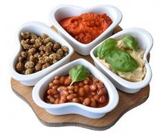 LA VITA VIVA 4er Servier- und Snackschalen-Set 4 Herzen Keramik Weiß mit Tablett aus echtem Bambusholz