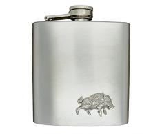 Luxus Edelstahl Flachmann 6 Unzen (180 ml), Mit Zinn Wildschwein Abzeichen, Handgemacht von William Sturt