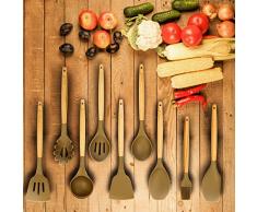 Unilove Silikon Küchenhelfer Set für Kochen Holz Küchenutensilien Kochbesteck Set Küchenhelferset (9 pcs, Grau)