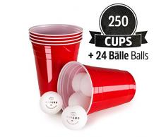 Vivaloo 250 Plastikbecher Bierpongset, 24 Bälle - Trinkbecher Red Cups, Rote Beer Pong Becher 473ml 16oz