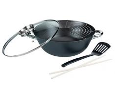 GSW 860956 GUSSEISEN PROFESSIONELL Multifunktionstopf/Wok-Set mit Glasdeckel 32cm / 5-teilig/ca. 6,2 Liter, schwarz, 32 cm, 5-Einheiten