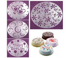 4 verschiedene Kuchendekorschablonen von NiceButy, Motiv „Blume, Herz, Geburtstag“, zum Baken und Dekorieren, Backzubehör