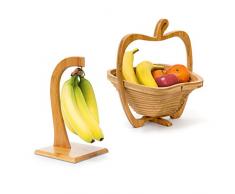 Relaxdays 2 TLG Obst Set, Bananenhalter, Obstkorb, Obsthalter, Obstschale, Obstständer, Faltkorb, Bananenständer, Dekoschale, Holz