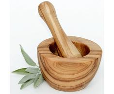 Figura Santa Olivenholzmörser & Stößel ROTONDA. Mörser - Holzmörser. Fein gemasertes Olivenholz. Durchmesser 10 cm. Höhe 6 cm. Stößel 12,5 cm.