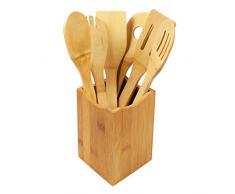 woodluv 6 x Bambus-Kochgeschirr-Set, Löffel, Pfannenwender mit Halter, braun