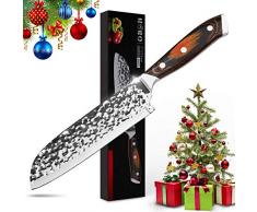 HOBO Kochmesser 7 Santoku-Messer Japanisches AUS-10 Steel Profi-Küchenkochmesser mit hohem Kohlenstoffgehalt - Klinge mit gehämmerter Oberfläche - Rasiermesserscharf, Rutschfester Kappa-Holzgriff