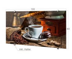 Spritzschutz Glasbild für die Küche Kaffeetasse Bohnen Kaffeemühle Mühle alt (100x60cm)