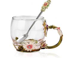 COAWG Teetasse aus Glas Emaille Große Glasbecher Chrysantheme Kristallklares Glas Tee Kaffeetassen mit Blumengriff Lehrer Freund Geburtstag Valentinstagsgeschenk für Frauen und Männer 11oz-1Pc