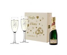 polar-effekt 2 Sektgläser und Sekt-Flasche in Geschenkbox Personalisiert - Hochzeit Geschenkidee Sektglas-Set mit Gravur - Motiv Ringe mit Herzen