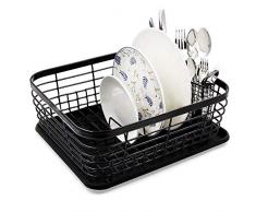 JuneJour Abtropfgestell aus Metall, Abtropfgestell mit Abtropfschale Geschirrabtropfgitter mit schwenkbarem Ausgießer, Geschirr Abtropfkorb zum Trocknen von Gläsern, Besteck (Schwarz, 36 * 30 * 15 cm)